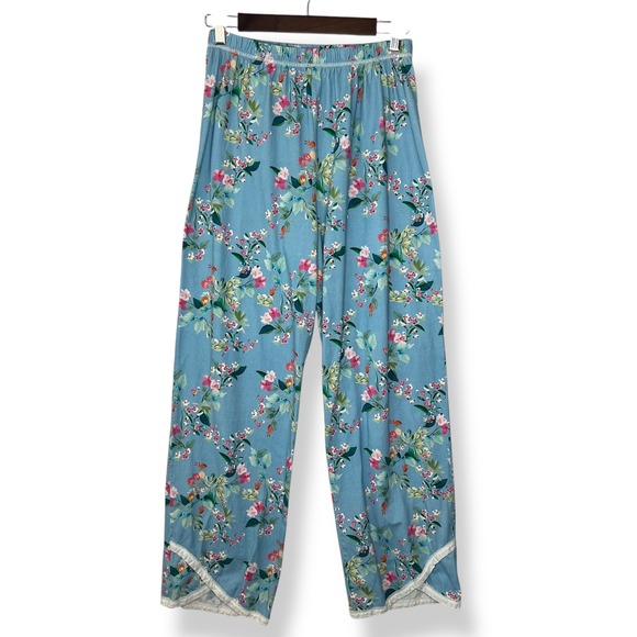 Garnet Hill M 100% Cotton Asian Wrap Pajama Set Blue Floral Long Sleeve Pants - Picture 3 of 15